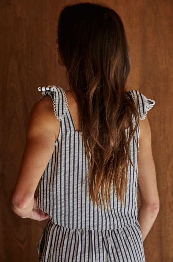 Woven Striped Sleeveless Tie Strap Crop Top - Downerss