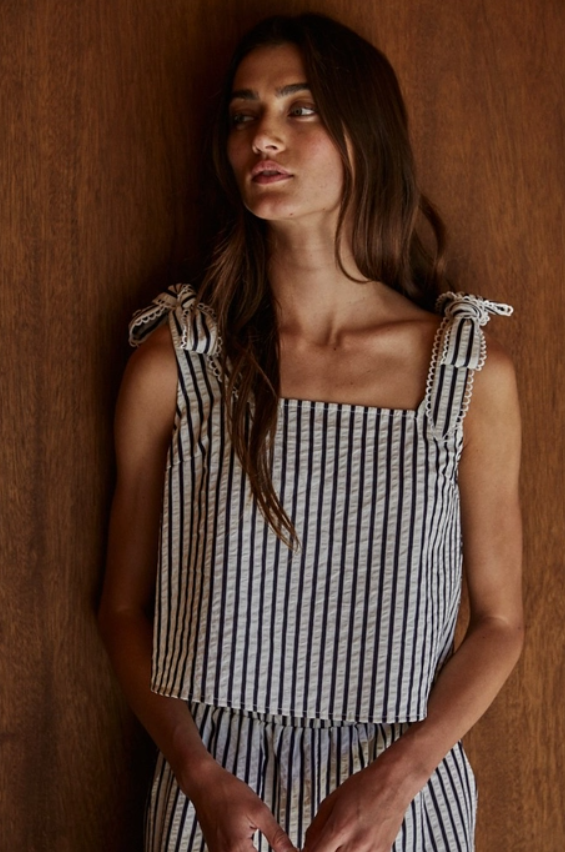 Woven Striped Sleeveless Tie Strap Crop Top - Downerss
