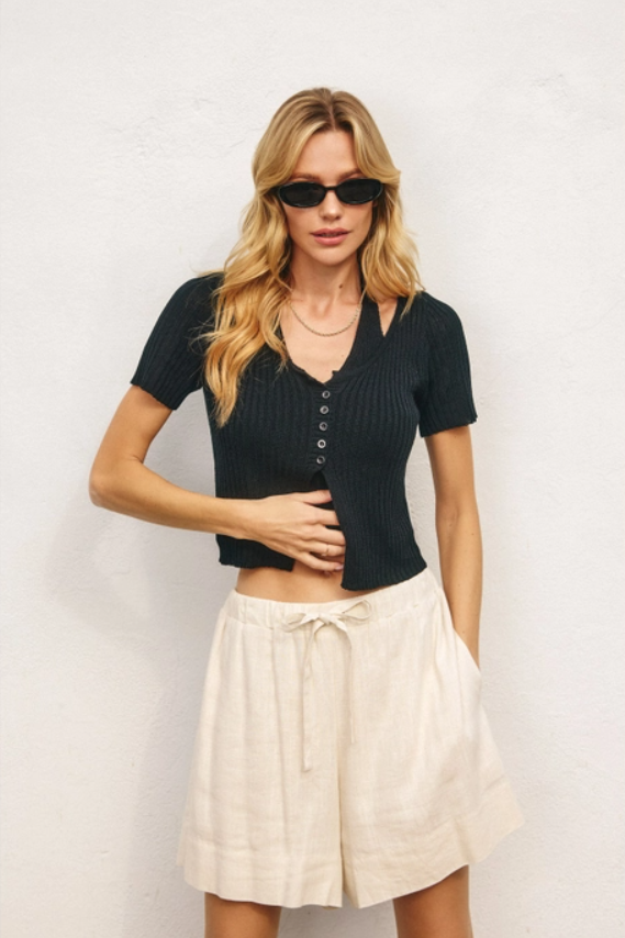 Double Layer Open Knit Top - Black