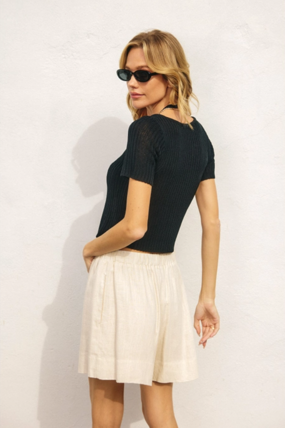 Double Layer Open Knit Top - Black