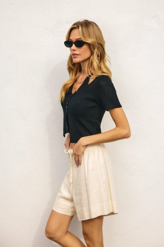 Double Layer Open Knit Top - Black