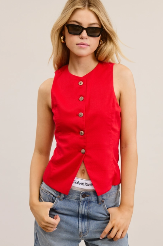 Sleeveless Buttoned Vest - Scarlet