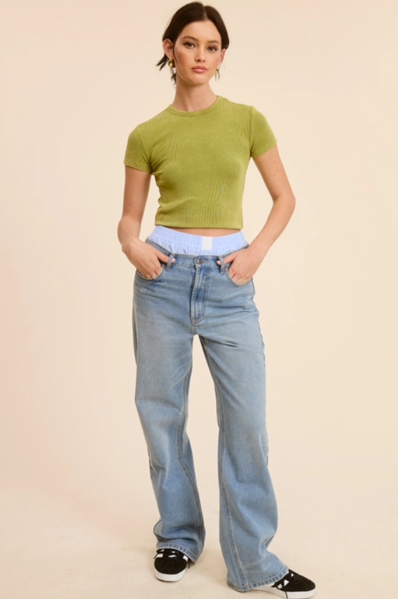 Acid Wash Ribbed Fitted Tee - Olive
