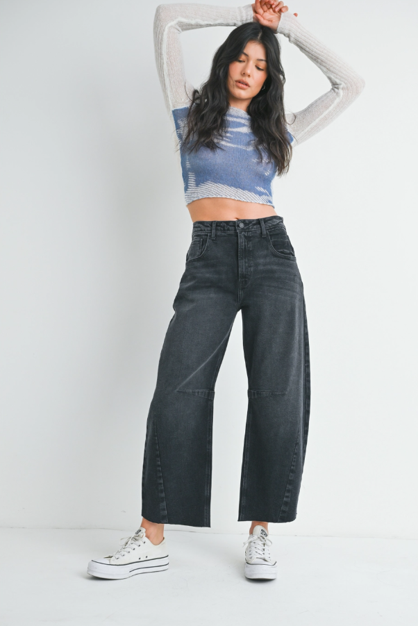 Washed Black Barrel Jeans With Seams