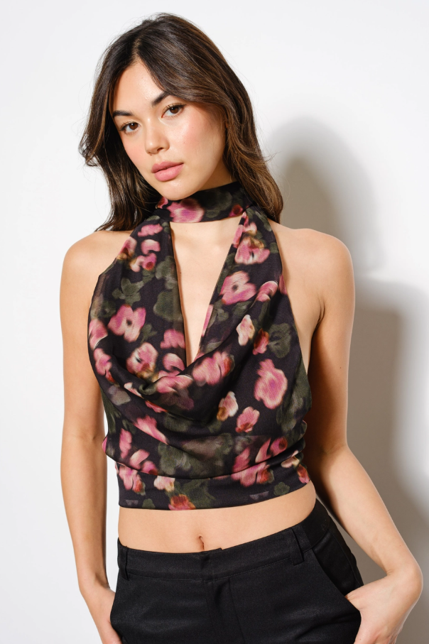 Floral Cowl Neck Halter Top