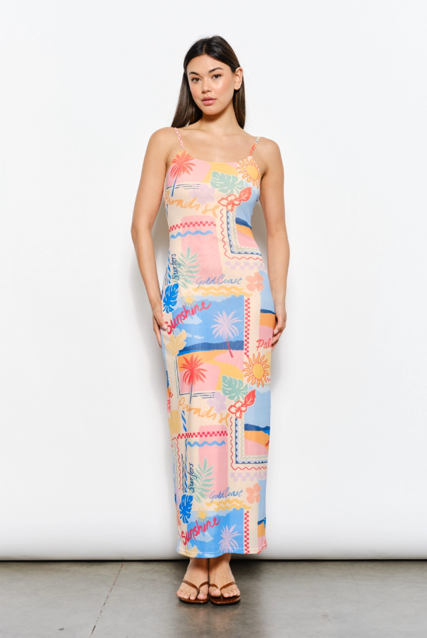 Beach Print Mesh Maxi Dress