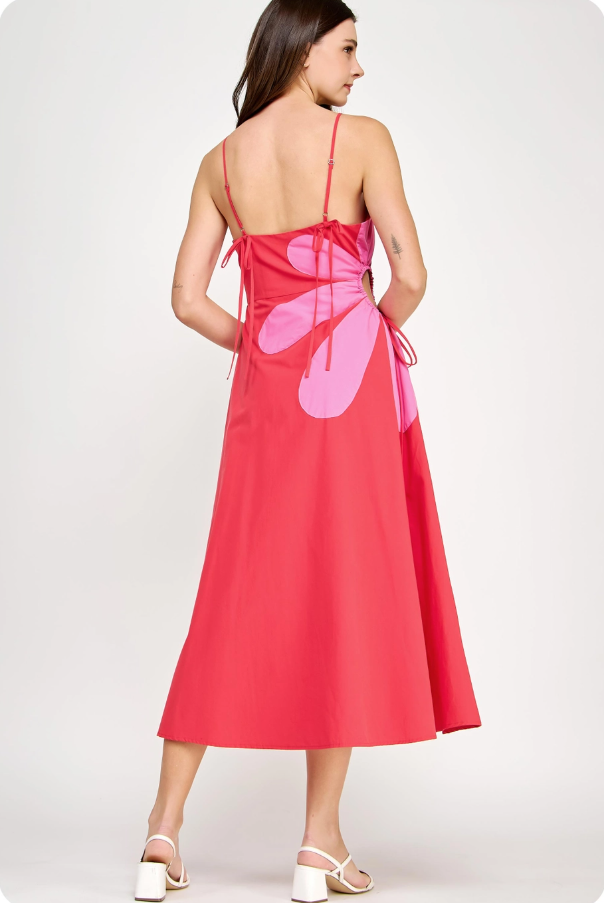 Sleeveless Side Cut-Out Flower Detail Midi Dress - Red