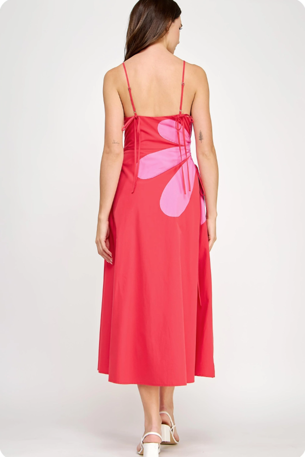 Sleeveless Side Cut-Out Flower Detail Midi Dress - Red