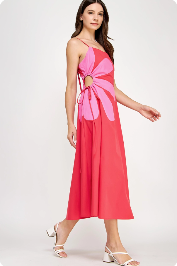 Sleeveless Side Cut-Out Flower Detail Midi Dress - Red