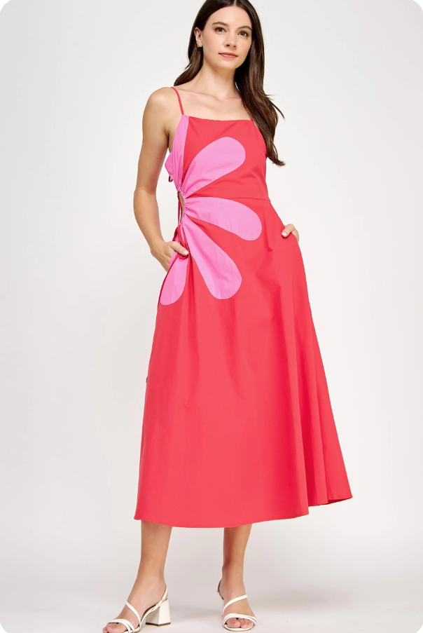 Sleeveless Side Cut-Out Flower Detail Midi Dress - Red