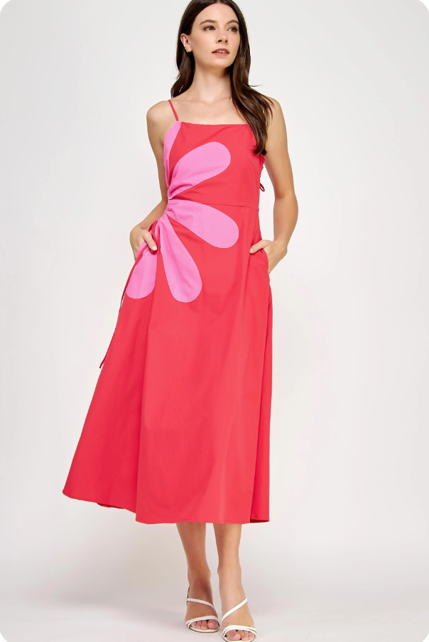 Sleeveless Side Cut-Out Flower Detail Midi Dress - Red