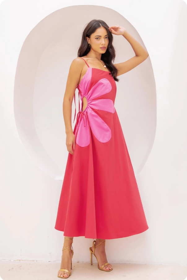 Sleeveless Side Cut-Out Flower Detail Midi Dress - Red