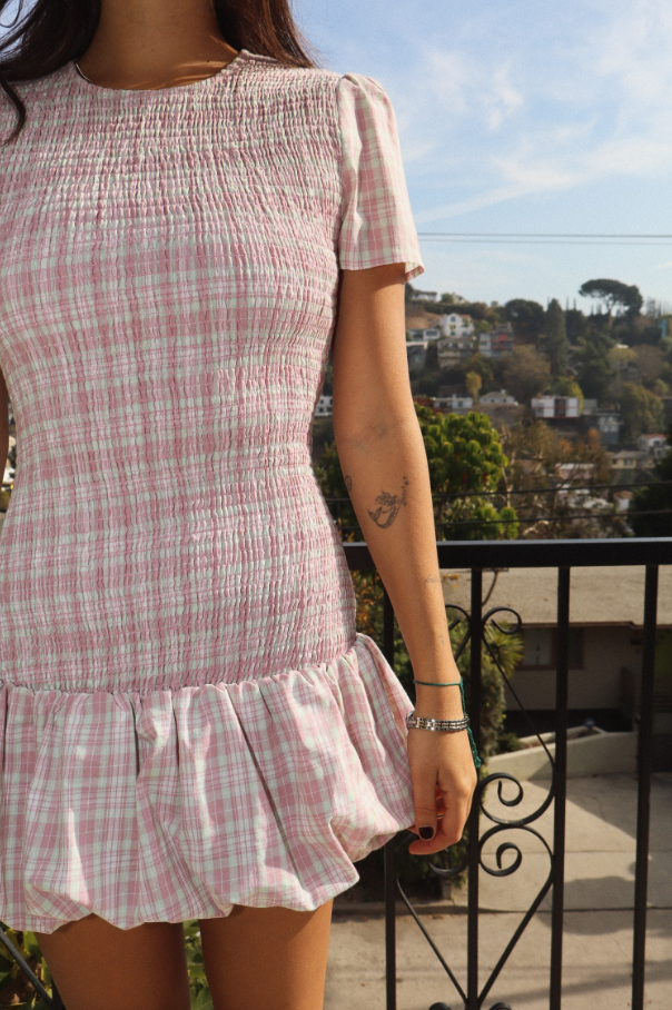 Smocked Short-sleeve Plaid Mini Dress