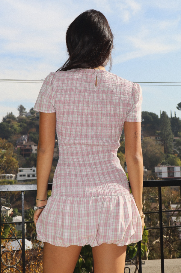 Smocked Short-sleeve Plaid Mini Dress