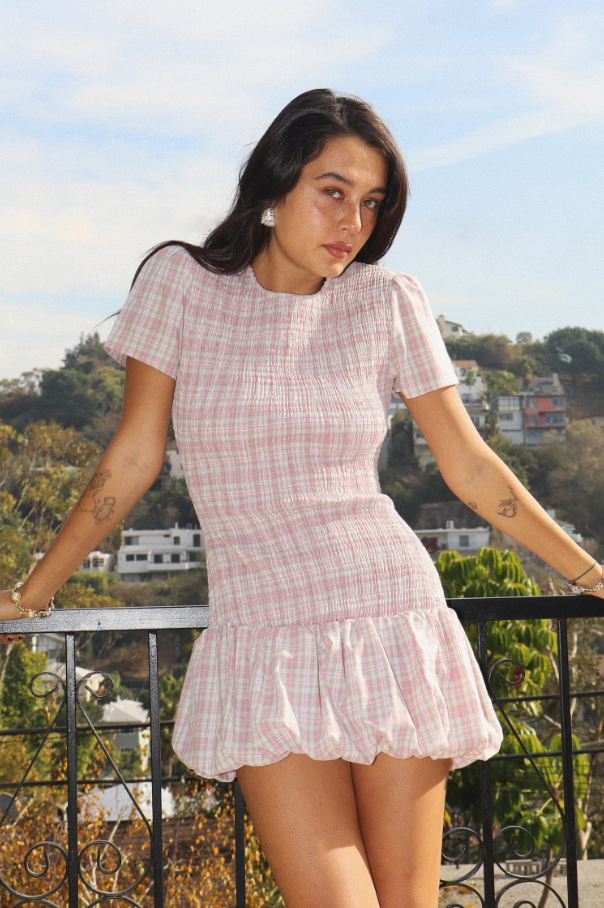 Smocked Short-sleeve Plaid Mini Dress