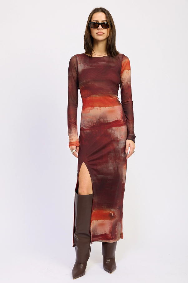 Rust Mesh Maxi Dress with High Slit