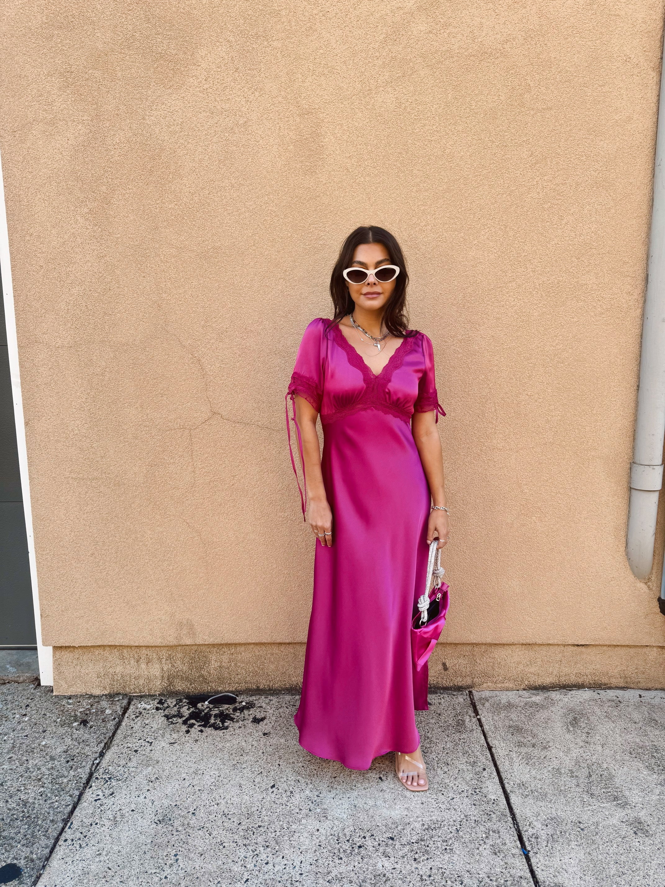 Satin Lace Trim Plunging Midi Dress - Magenta