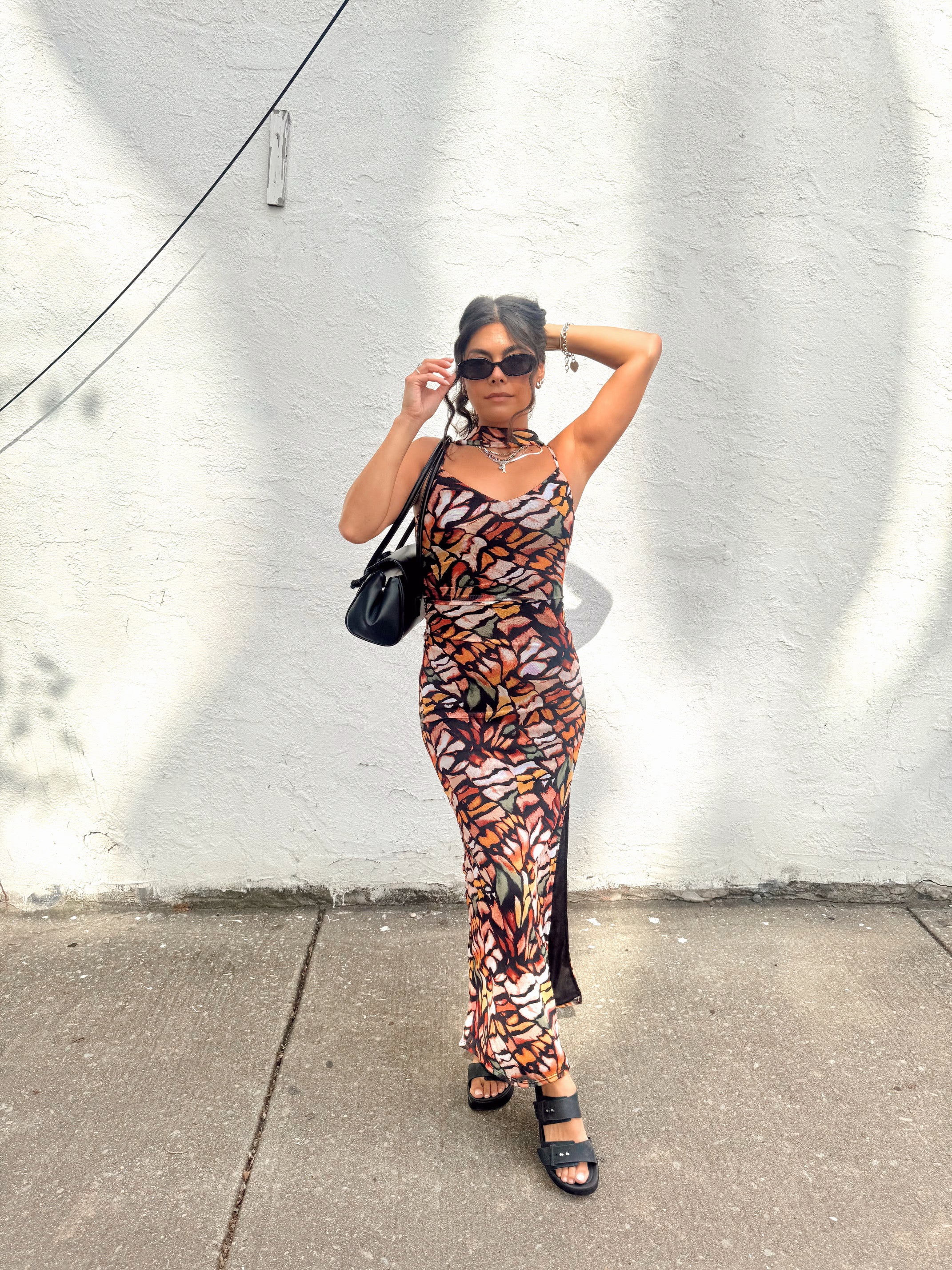 Patterned Mesh Dress With Scarf