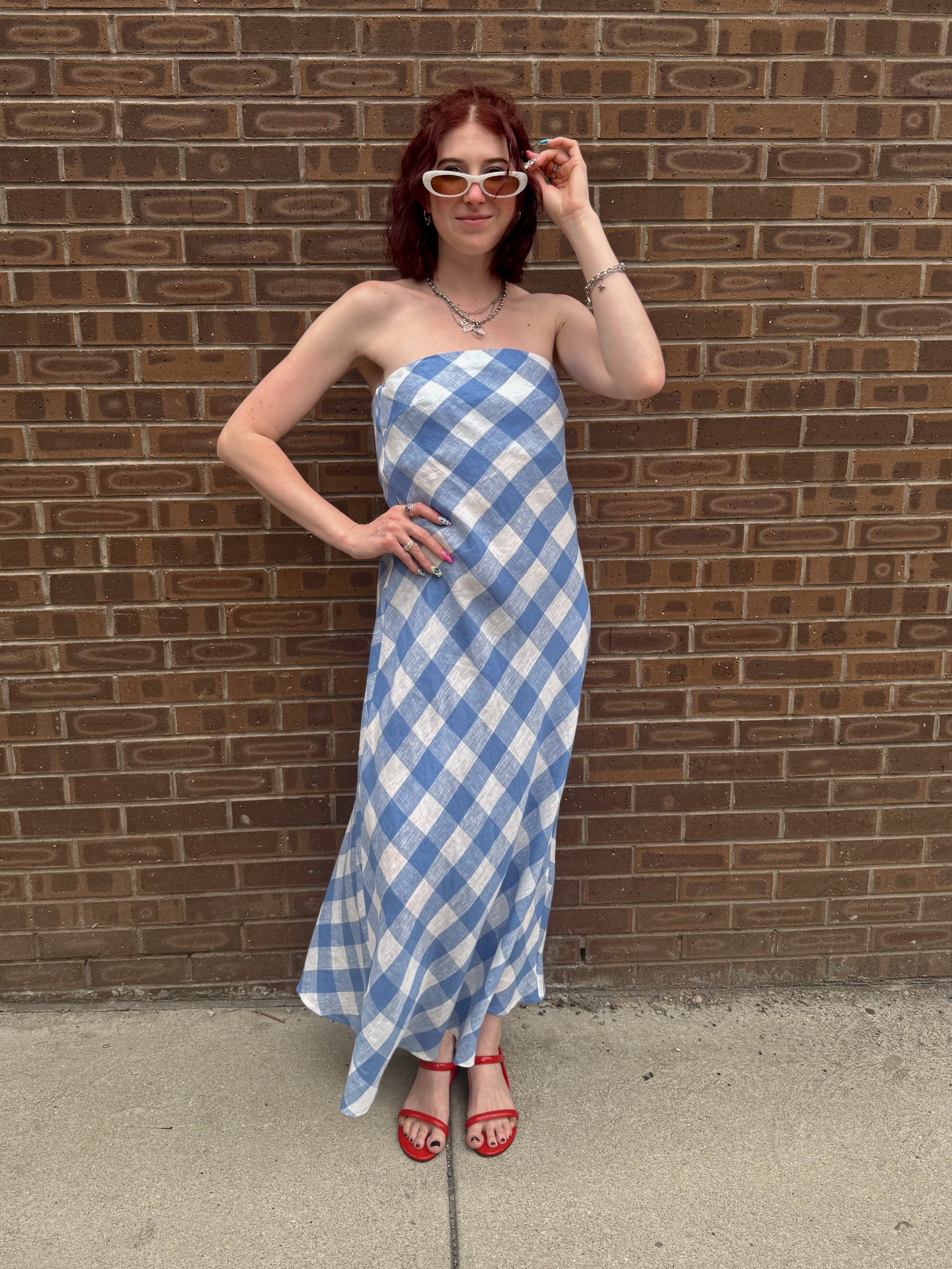 Erin Strapless Linen Gingham Maxi Dress