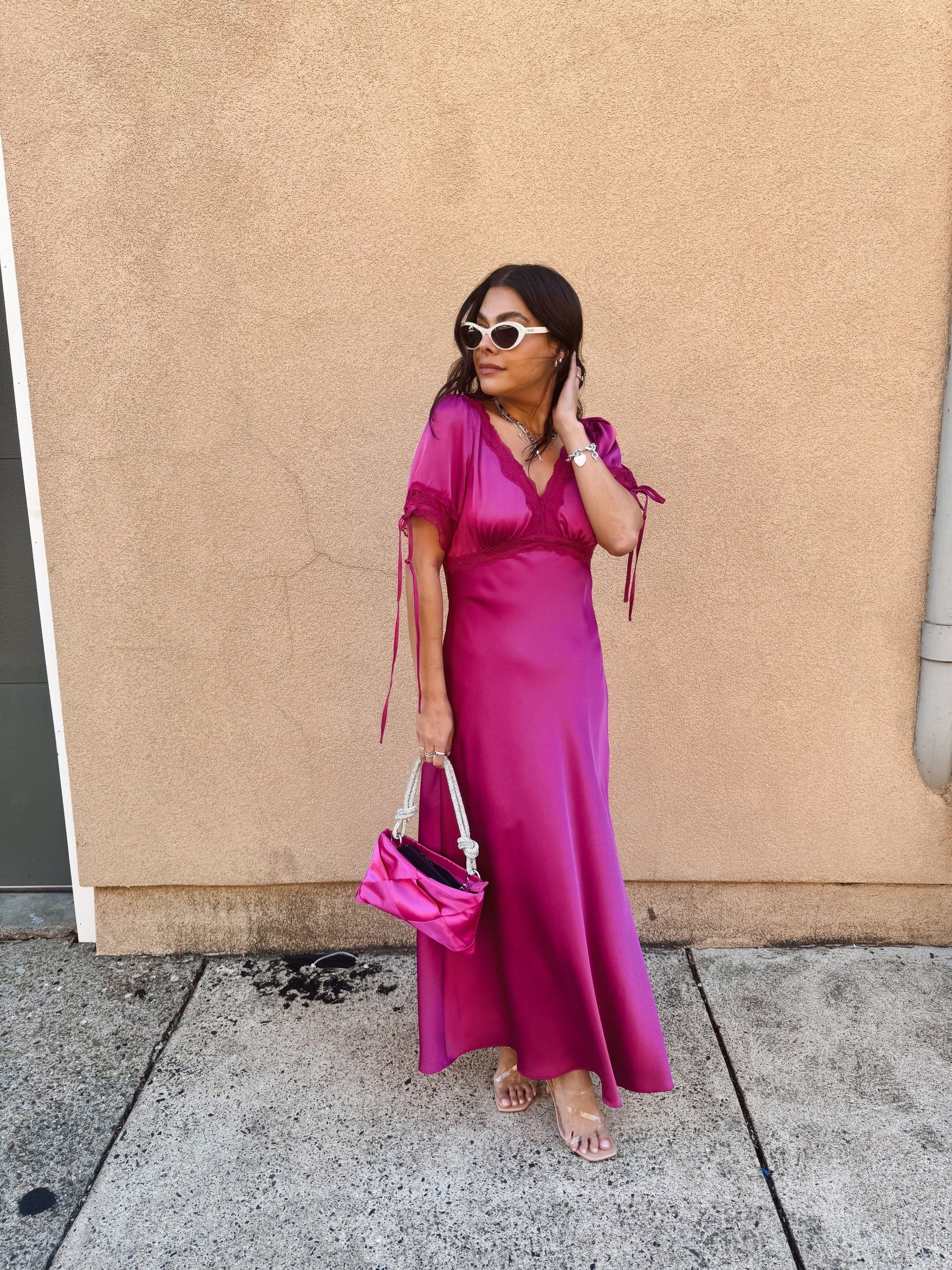 Satin Lace Trim Plunging Midi Dress - Magenta