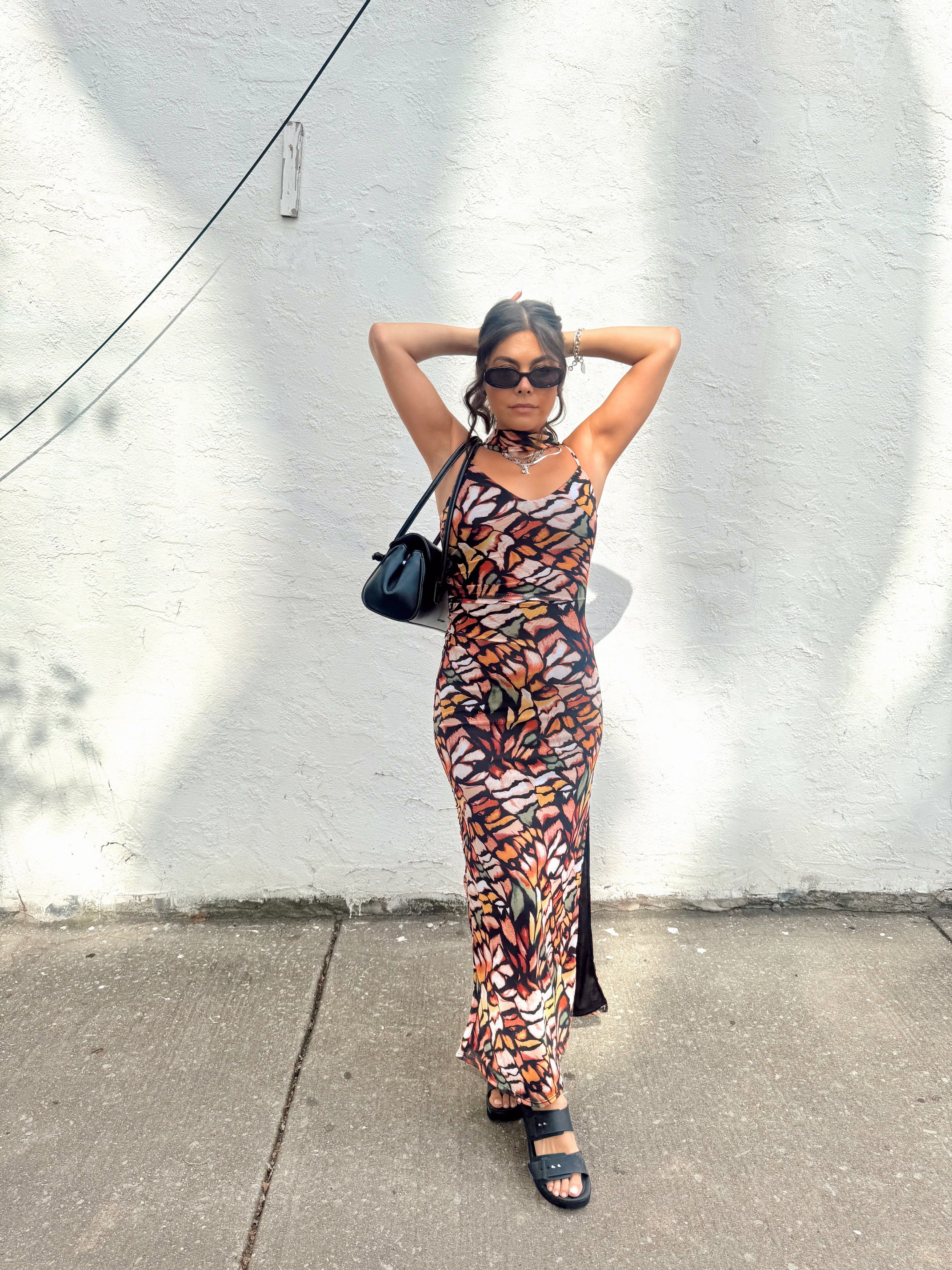 Patterned Mesh Dress With Scarf