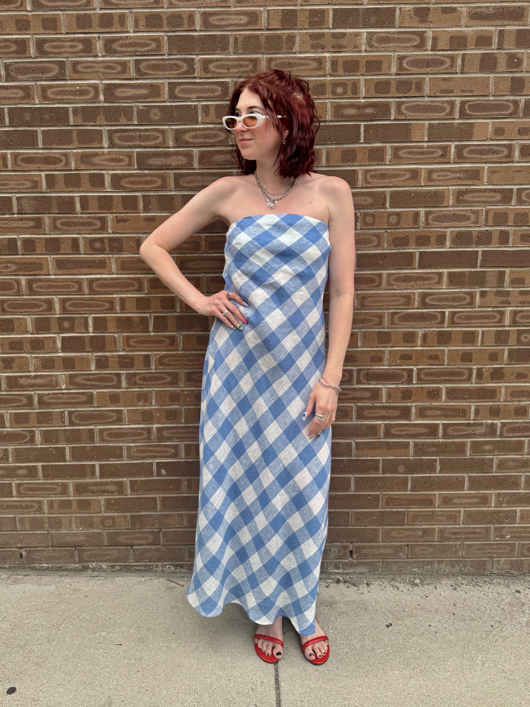 Erin Strapless Linen Gingham Maxi Dress