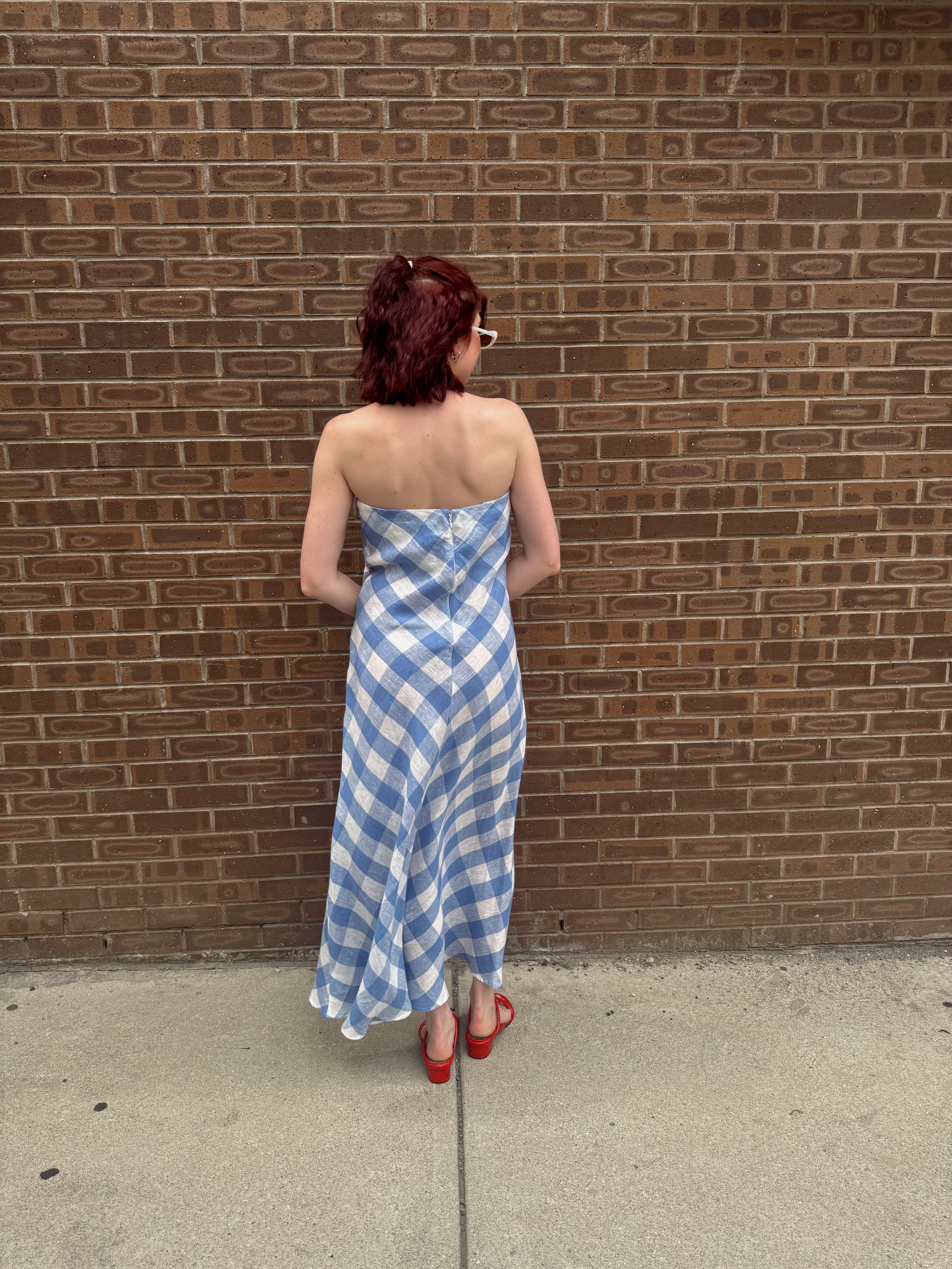 Erin Strapless Linen Gingham Maxi Dress