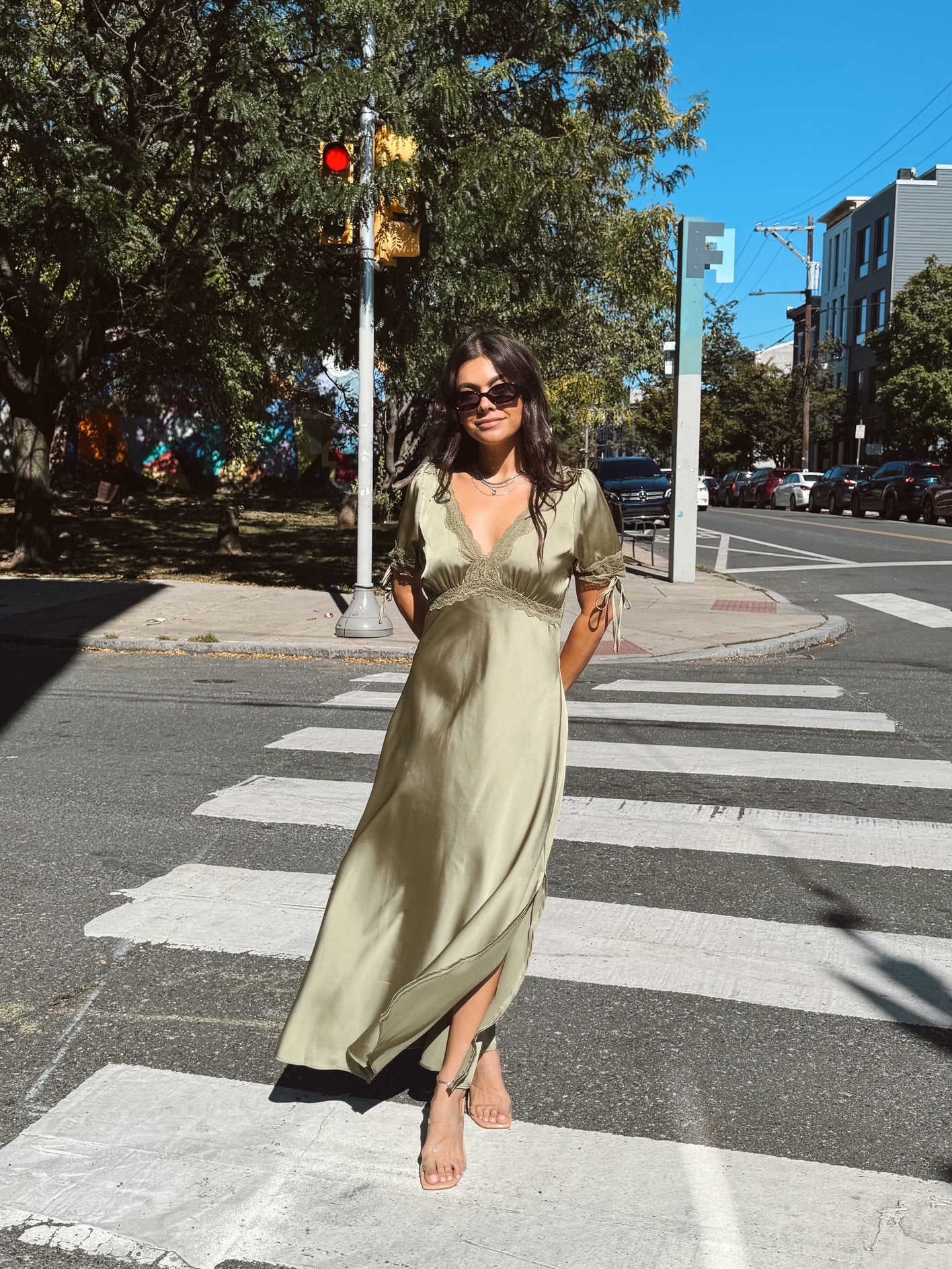 Satin Lace Trim Plunging Midi Dress - Sage