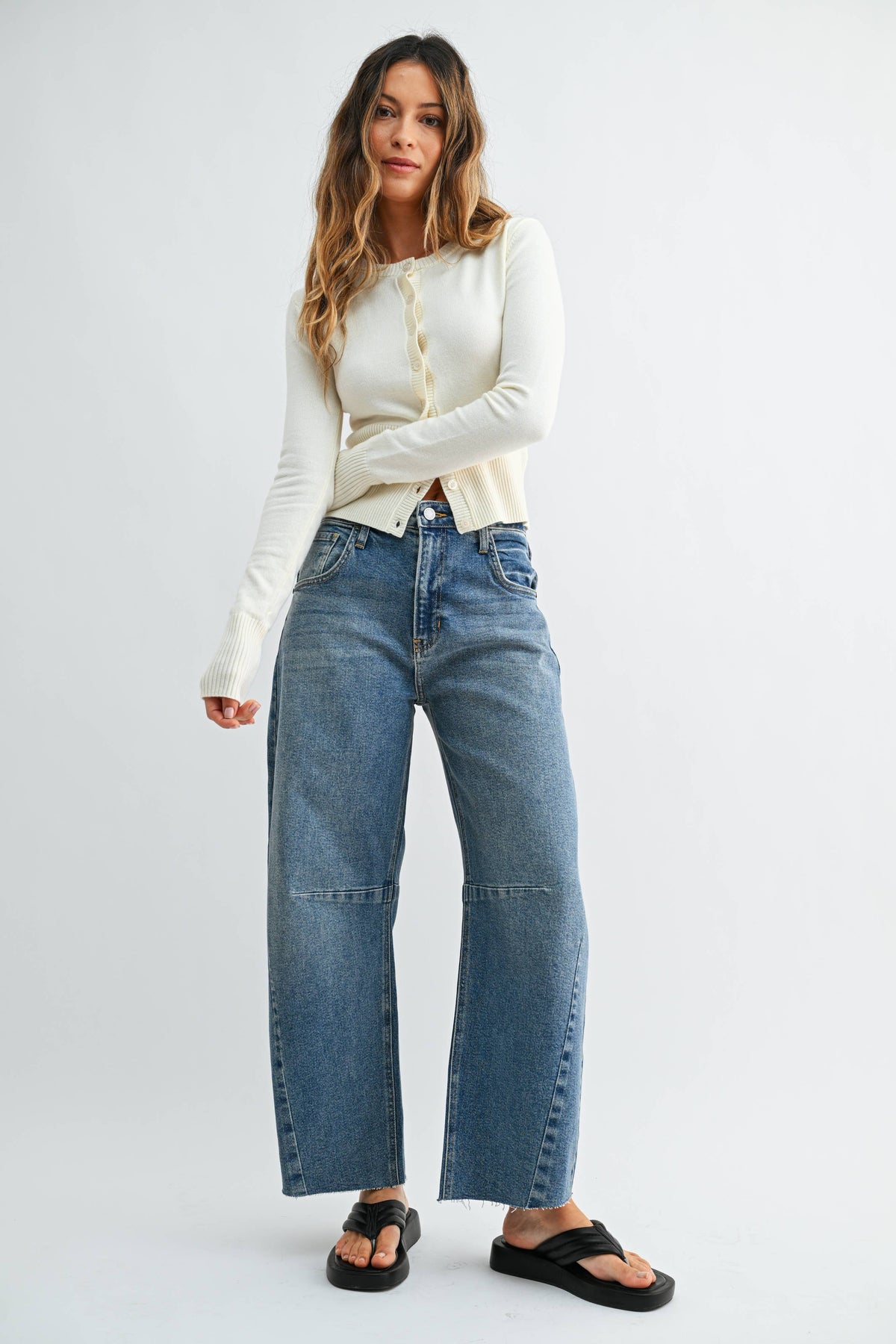 Raw Hem Barrel Jean w/ Seams - Medium Wash