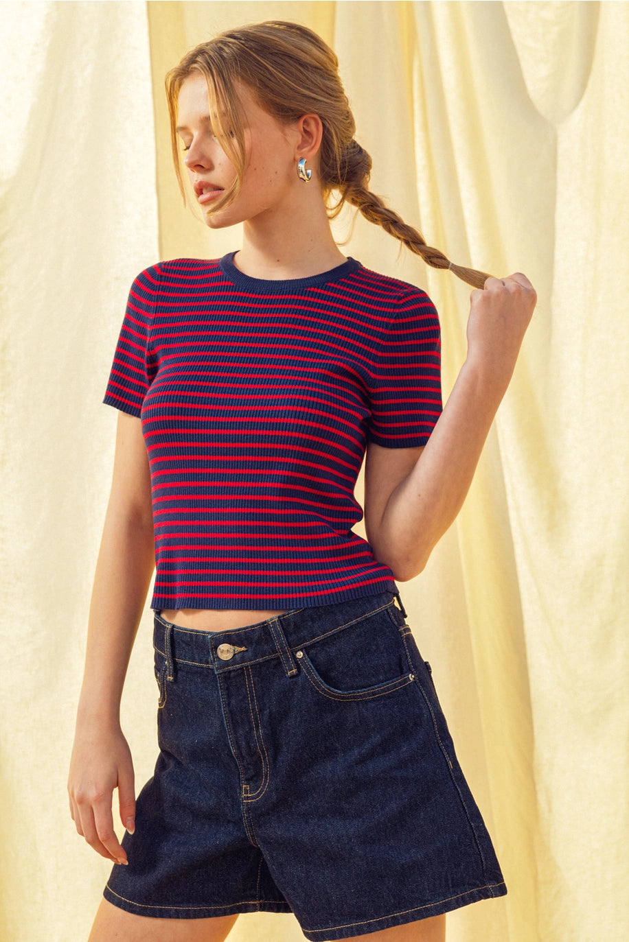 Stripe Ribbed Knit Short Sleeve Top