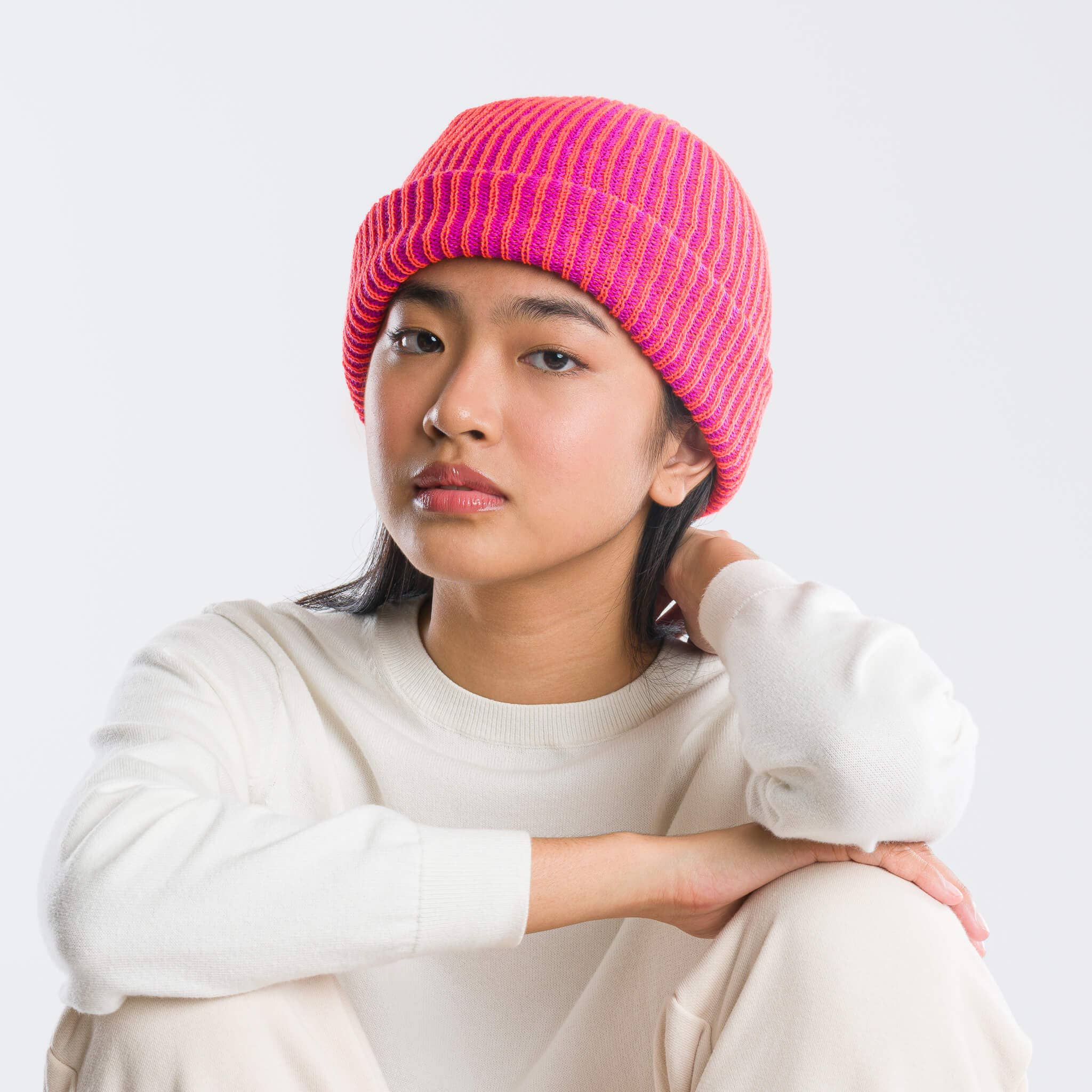 Simple Rib Knit Beanie: Poppy Magenta