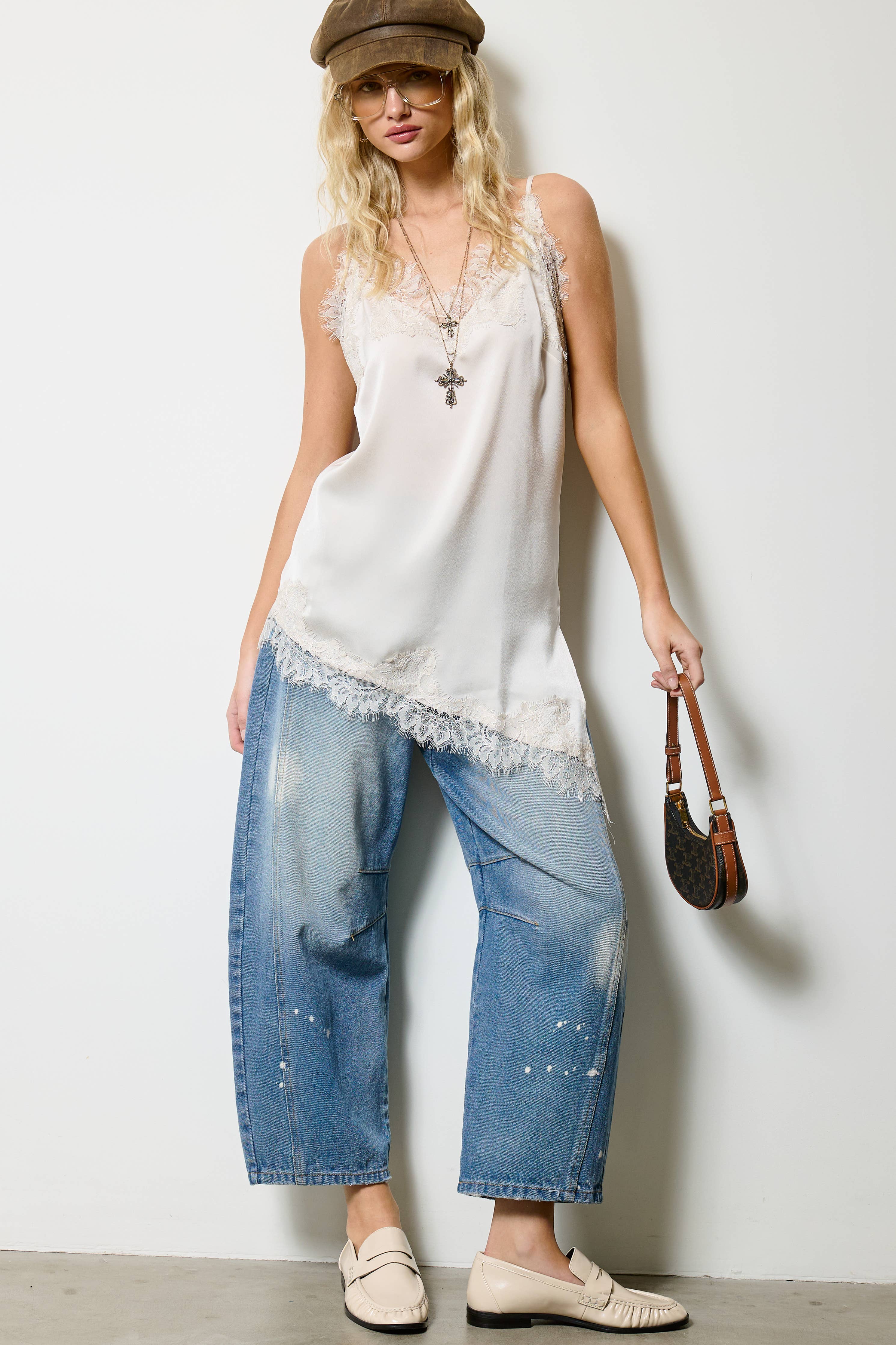 Lace Trim Satin Tunic Tank Top