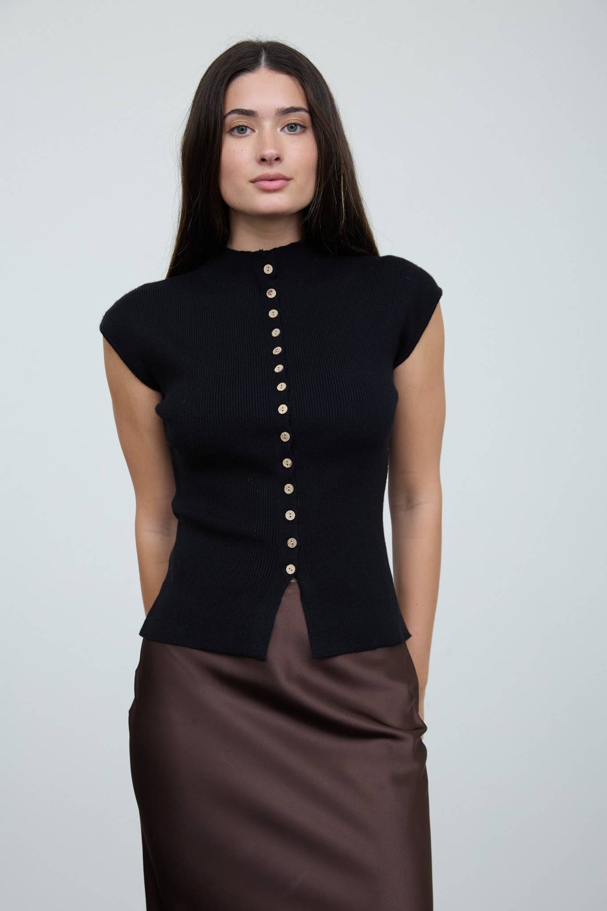 Mock Neck Short Sleeve Button Blouse