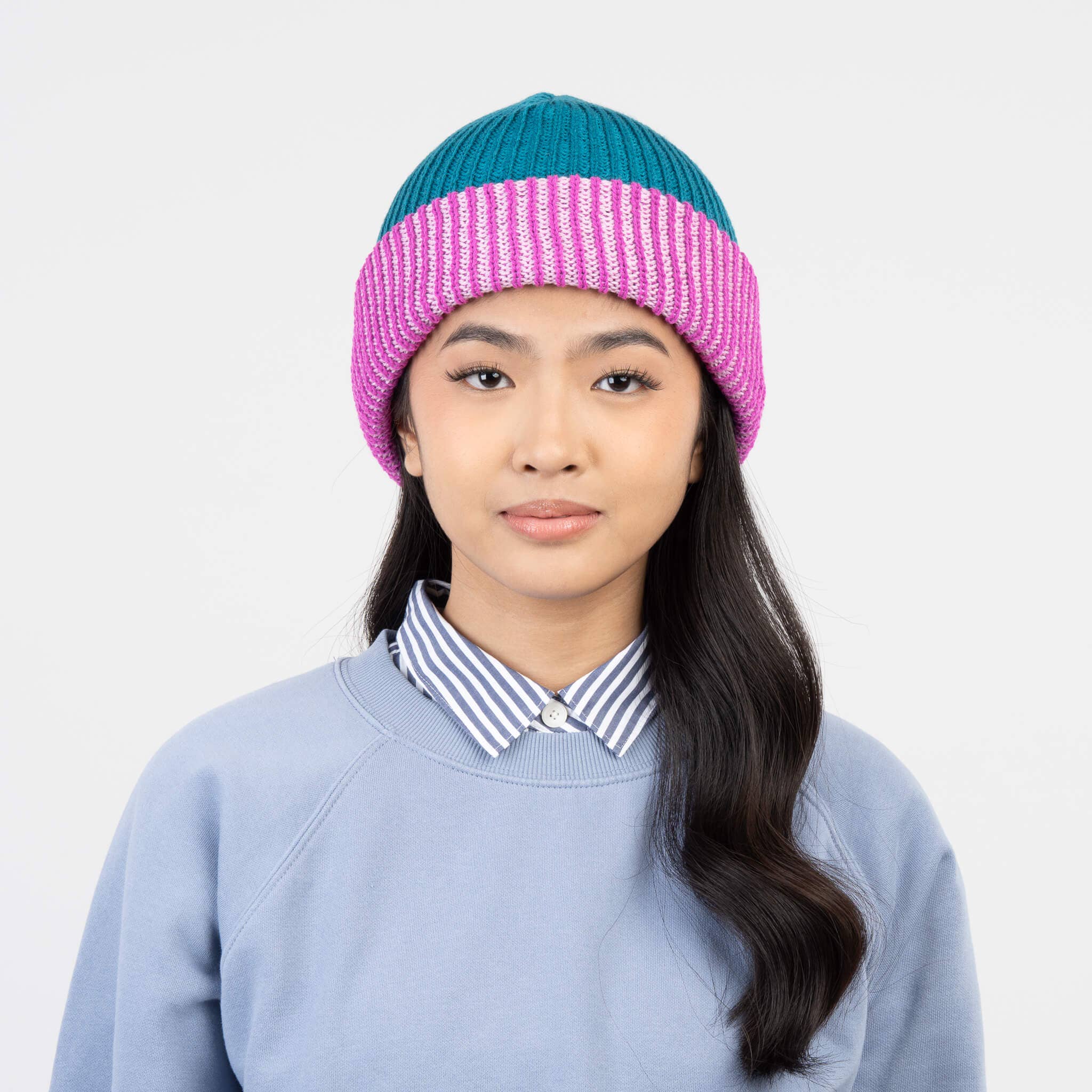 Stripe Cuff Plush Beanie: Teal Magenta