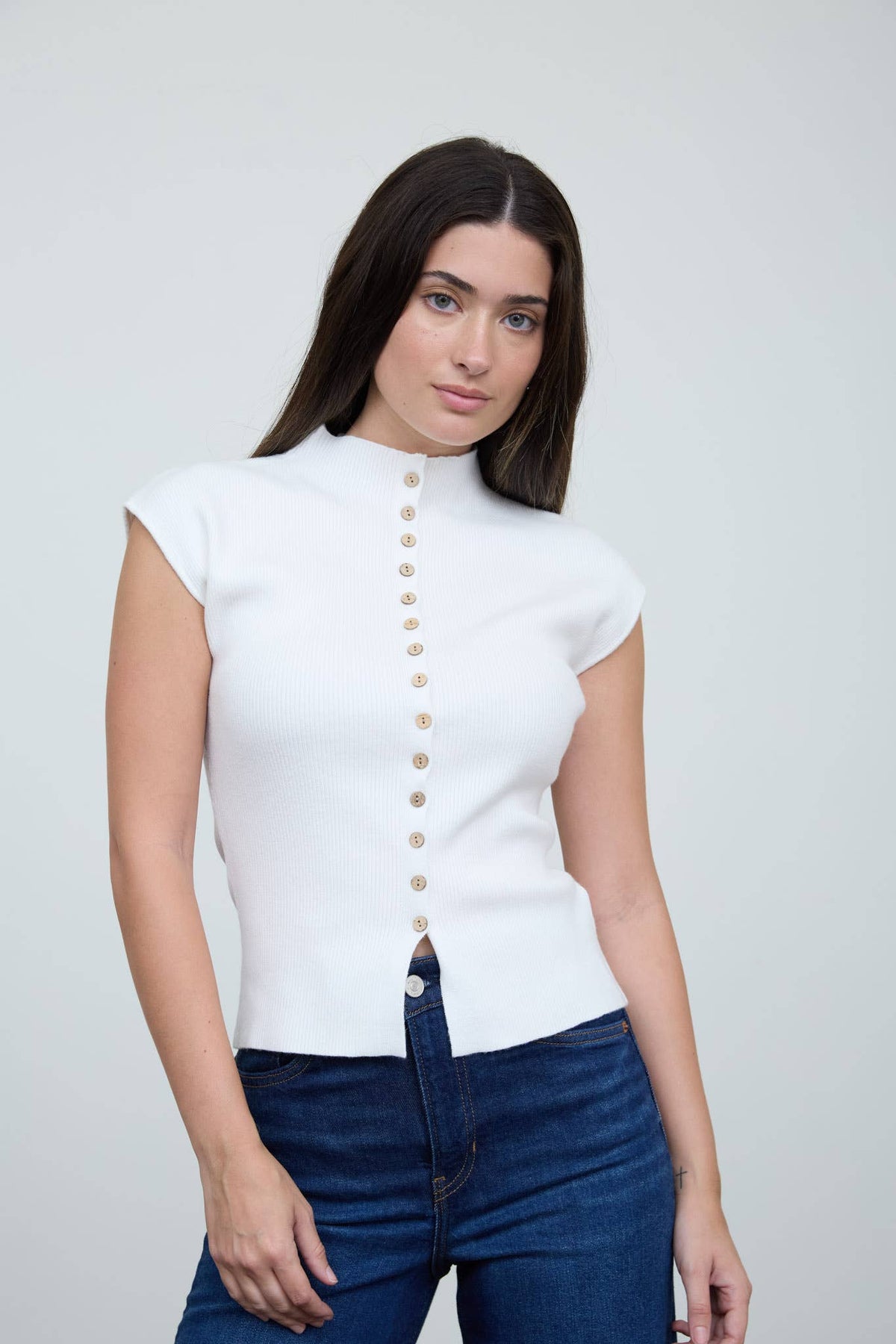 Mock Neck Short Sleeve Button Blouse