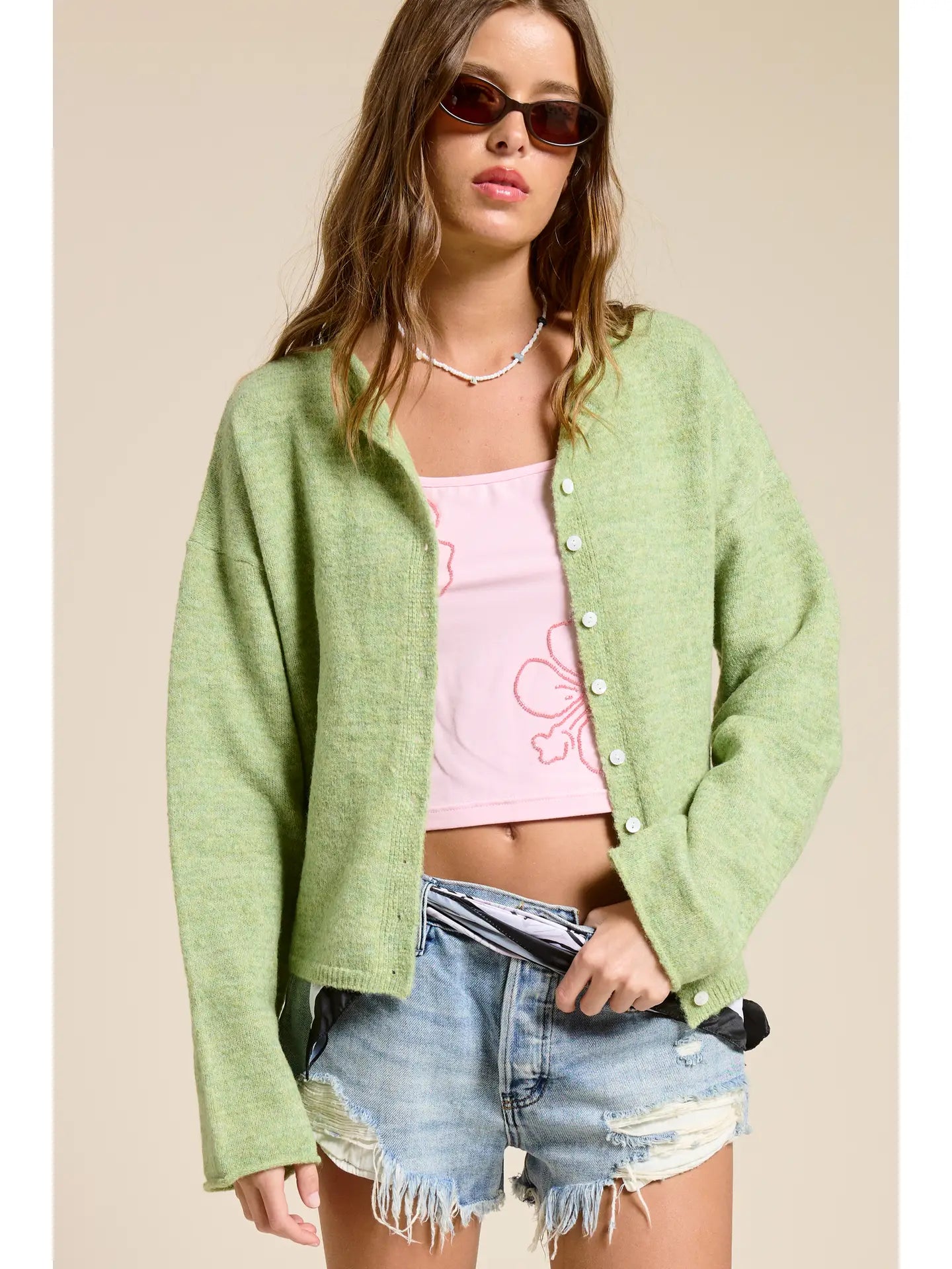 Essential Button Down Cardigan - Basil