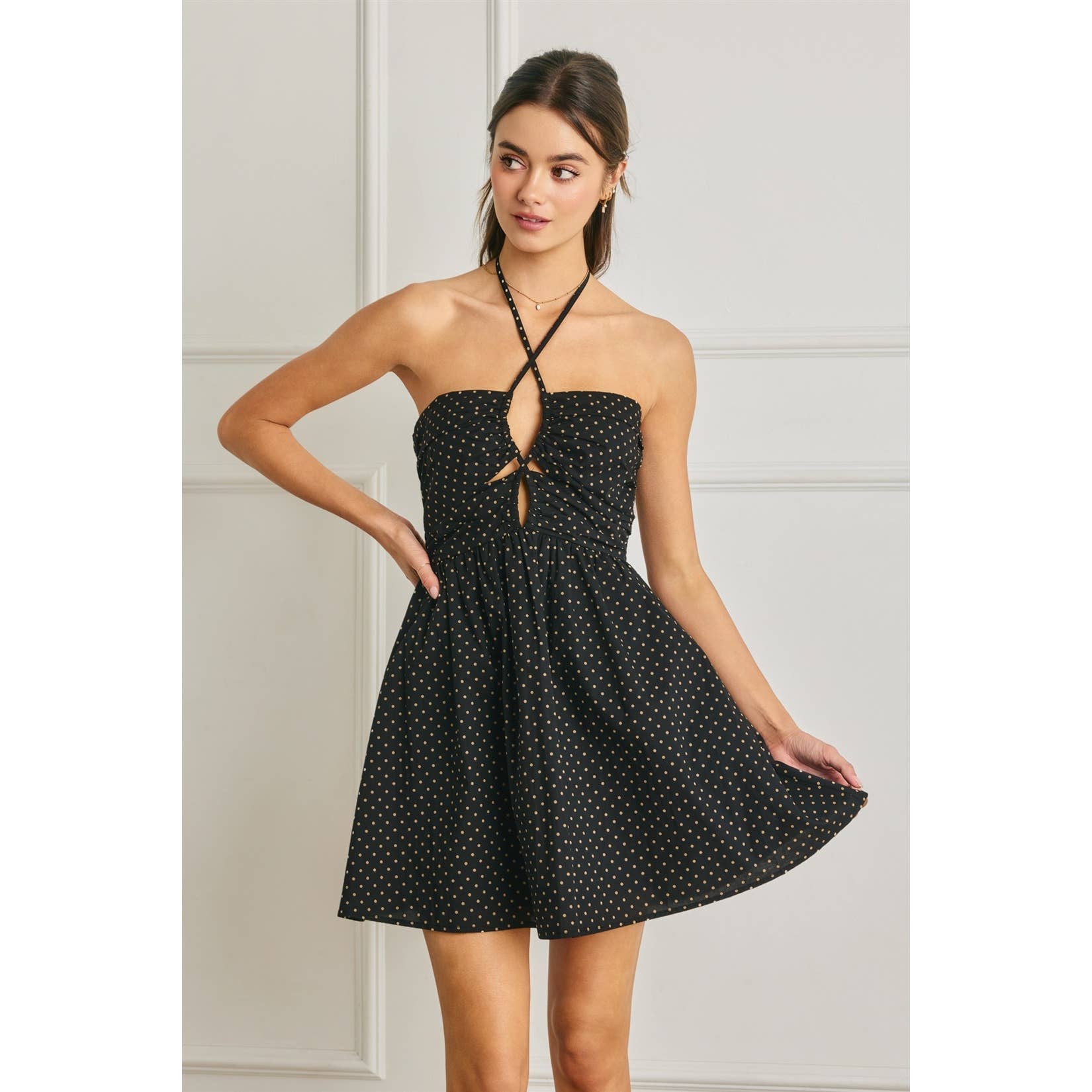 Pin Dot Ruched Halter Mini Dress
