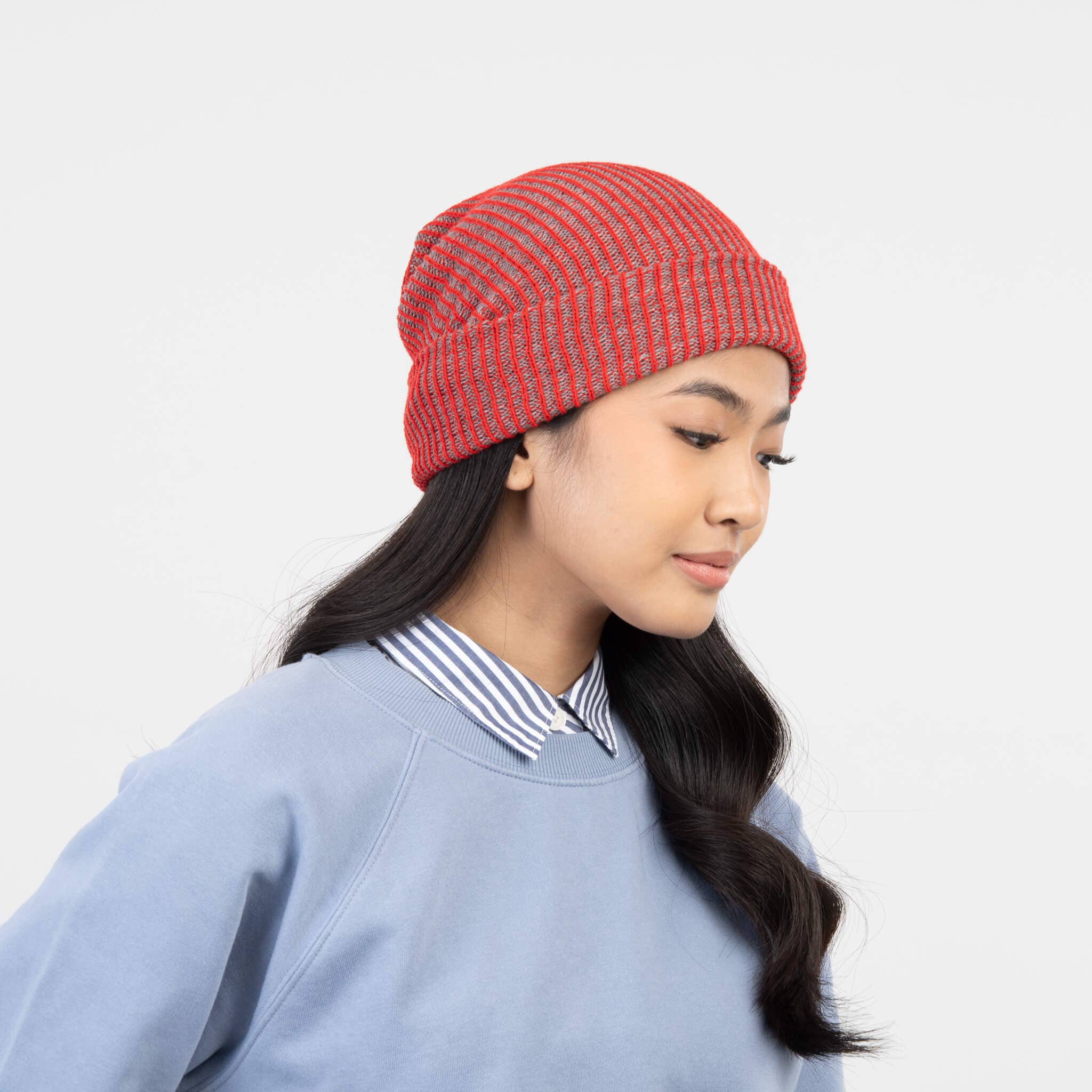 Simple Rib Knit Beanie - Red Grey