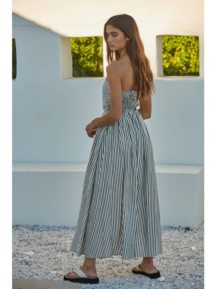 White & Black Striped Strapless Dress