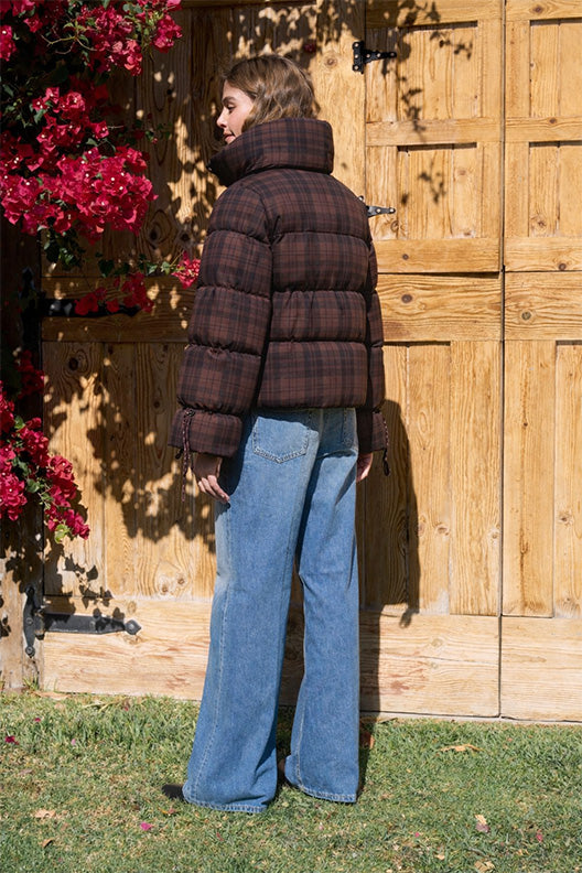 Brown Plaid Puffer Jacket