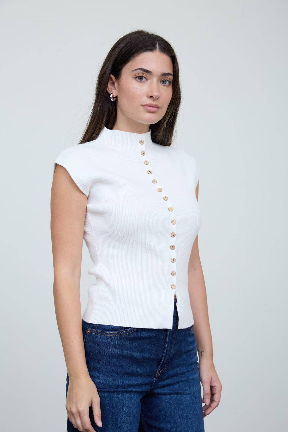Mock Neck Short Sleeve Button Blouse
