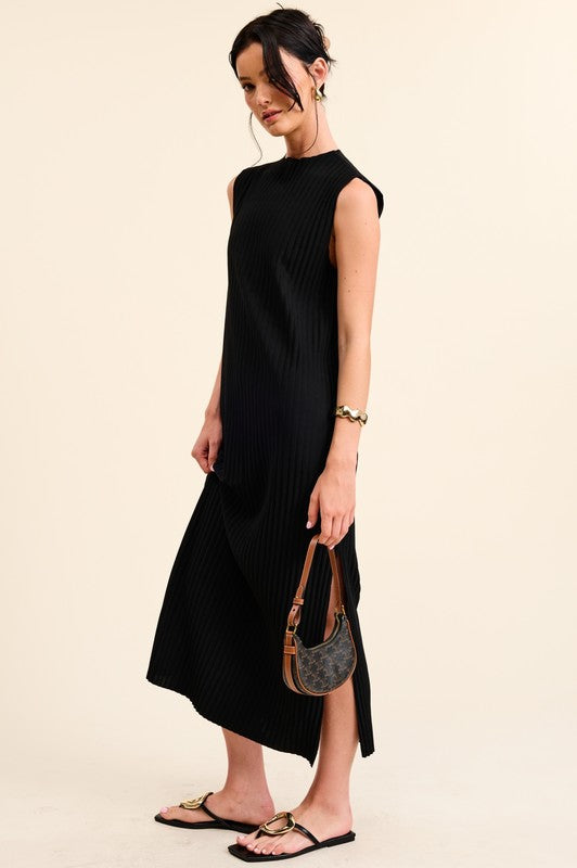 Black Woven Ribbed Midi Dress