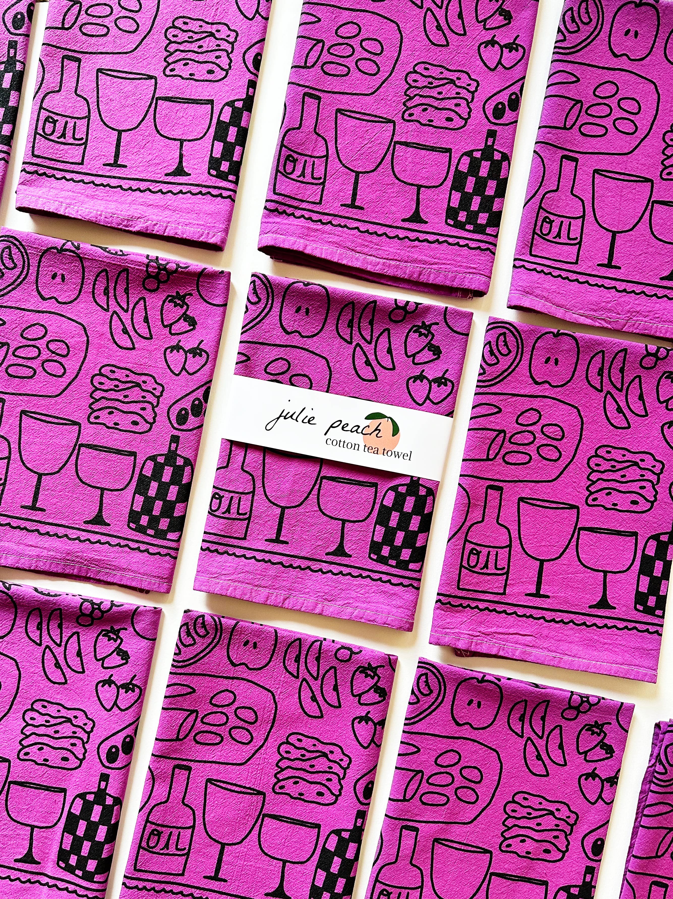 Julie Peach - Picnic on Grape Tea Towel - 100% Cotton
