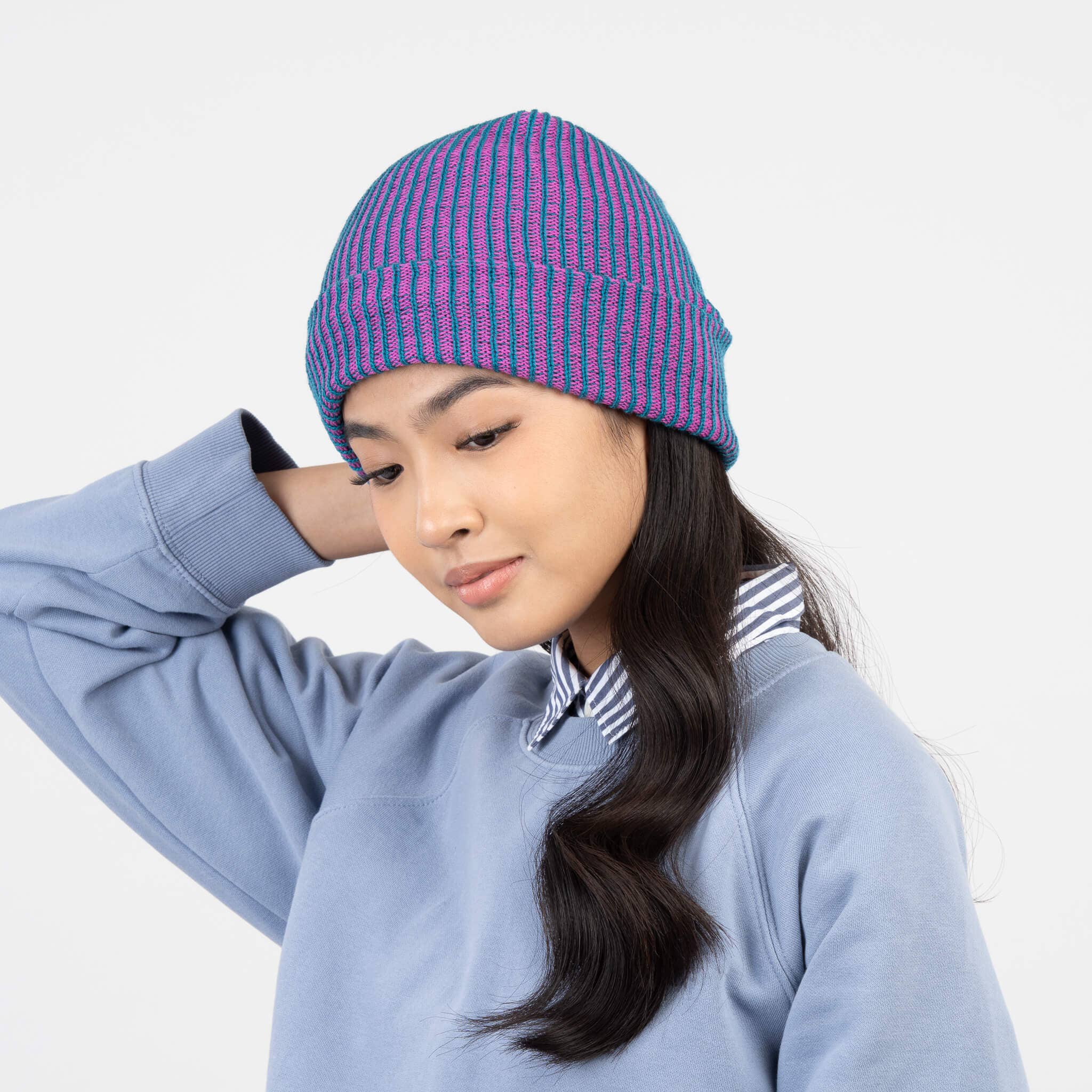 Simple Rib Knit Beanie: Teal Magenta