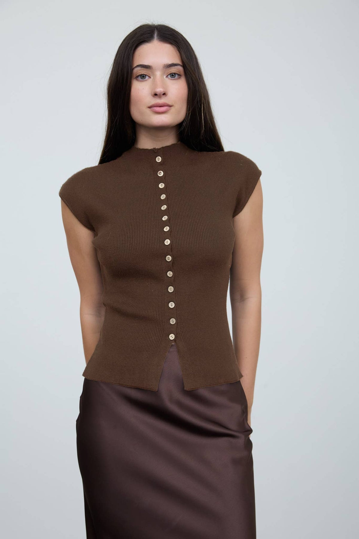 Mock Neck Short Sleeve Button Blouse