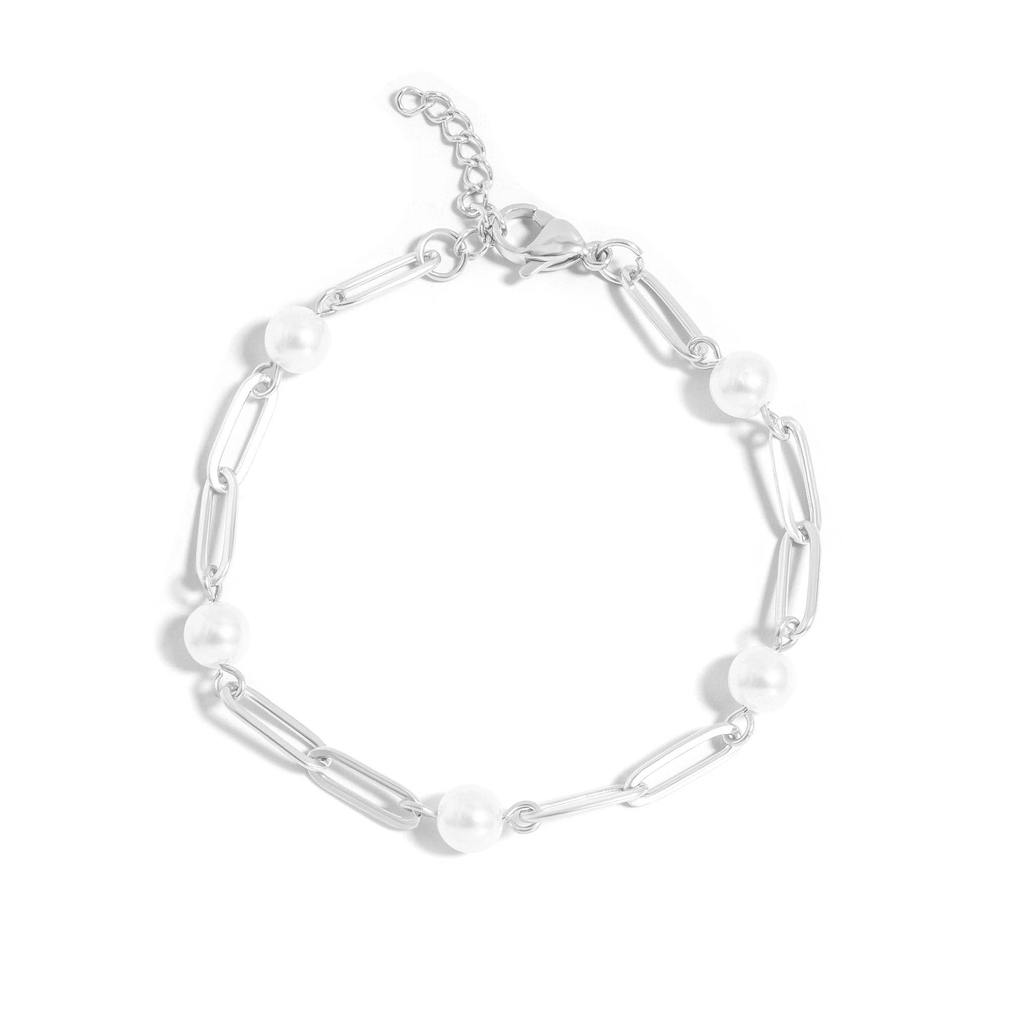 Stainless Steel Pearl Paperclip Chain Bracelet