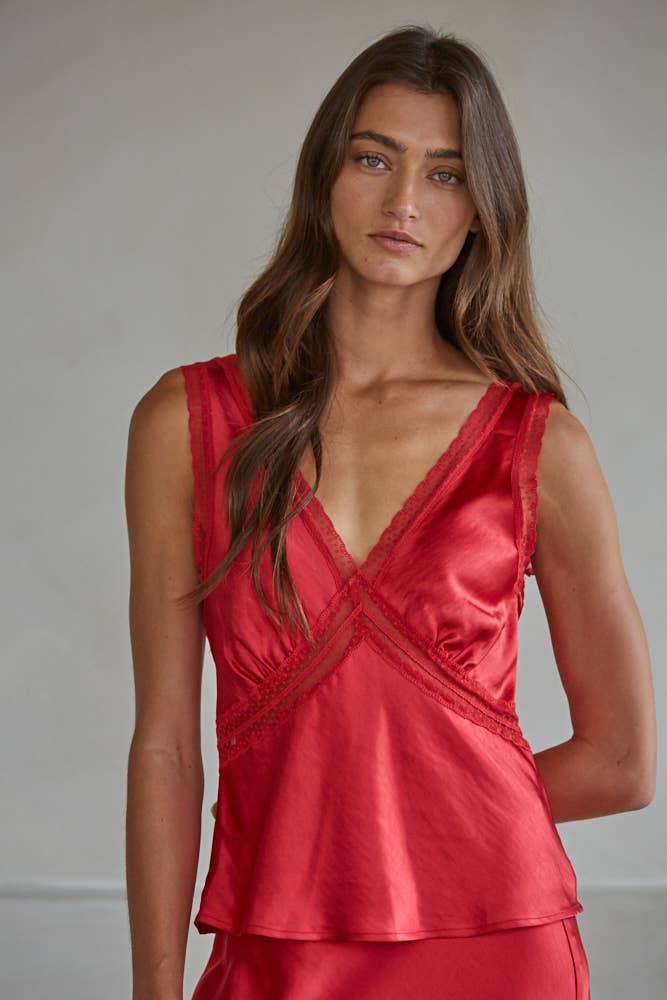Red Satin Sleeveless V-Neck Top