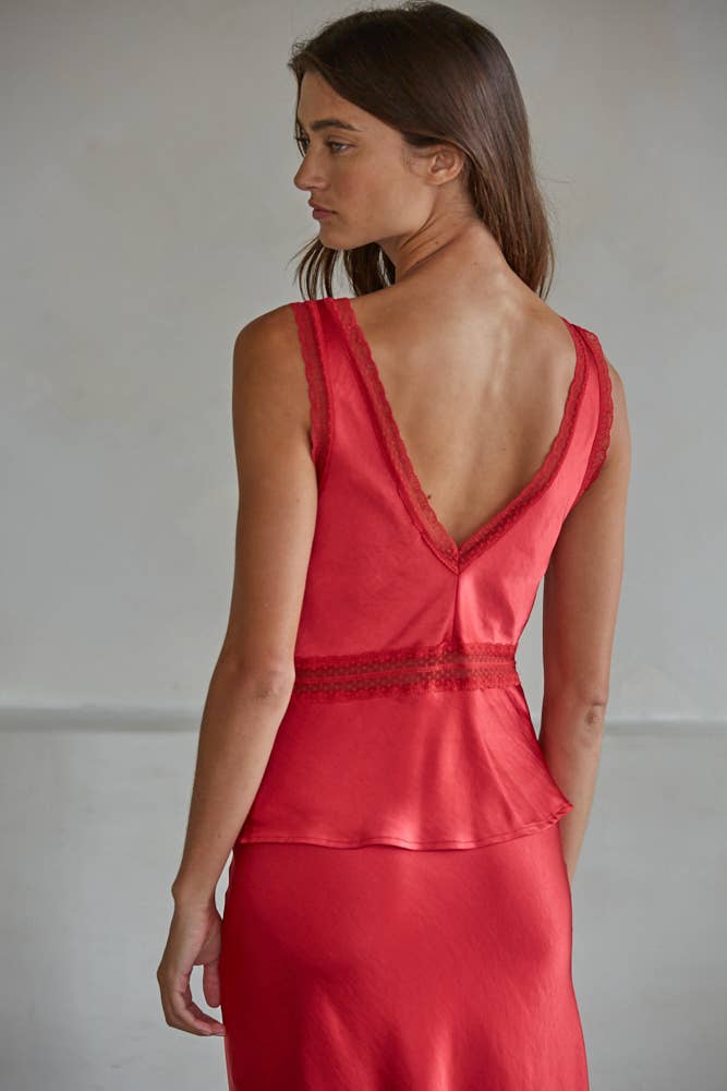 Red Satin Sleeveless V-Neck Top