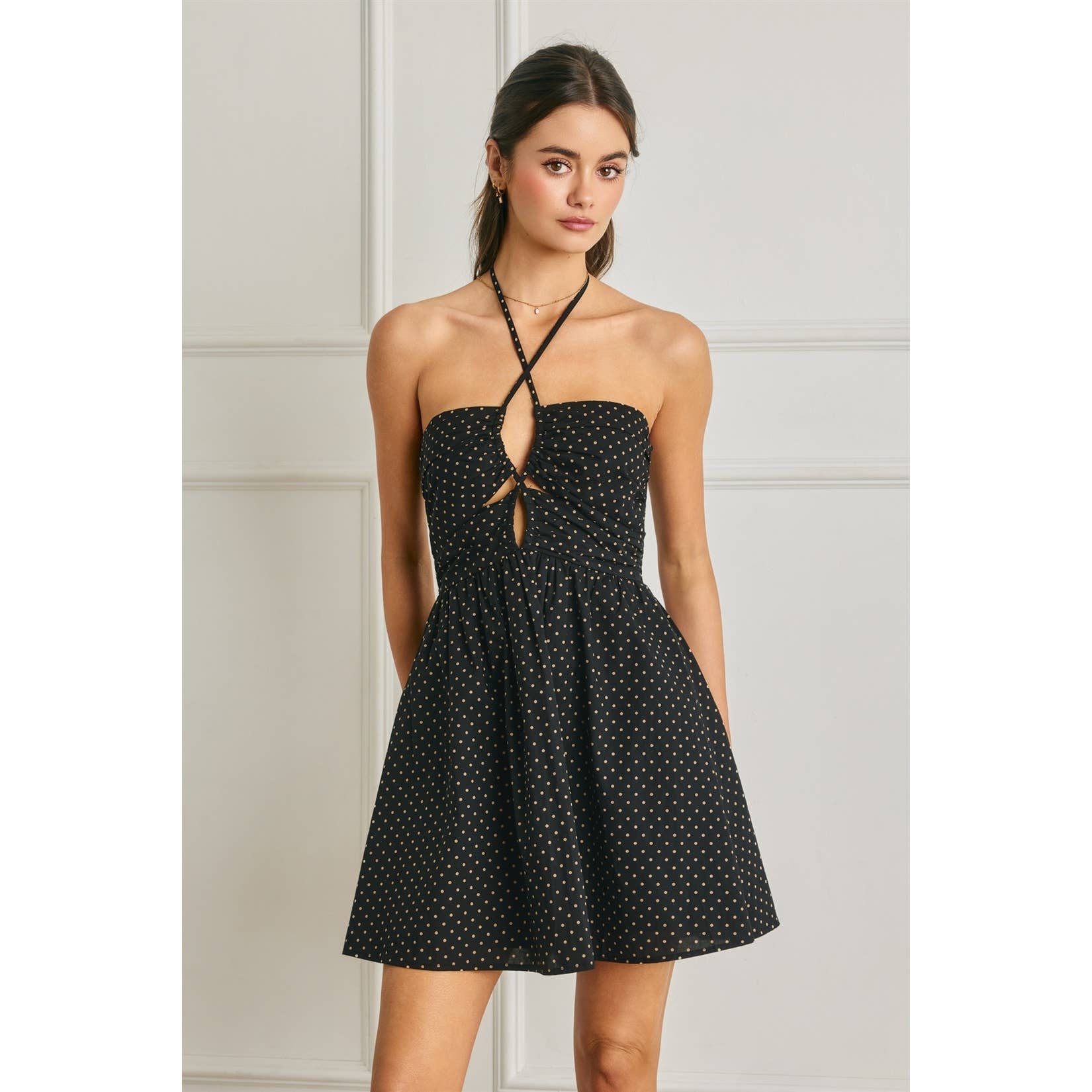Pin Dot Ruched Halter Mini Dress