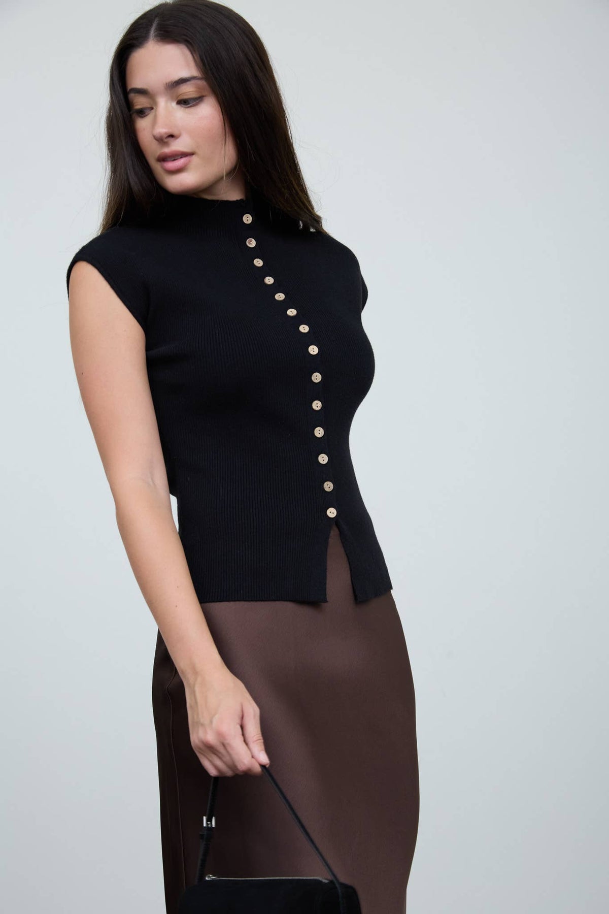 Mock Neck Short Sleeve Button Blouse